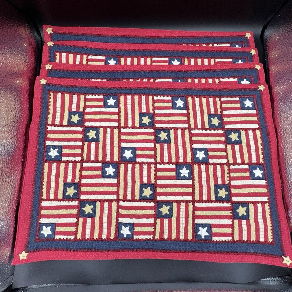 Patriotic Flag Stars Tapestry Placemat Stitched Patch Buttons ~ Set of 4 Holiday